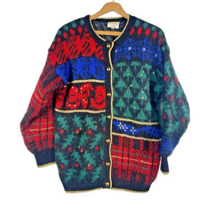 Susan Bristol Cardigan Sweater Medium Oversized Fuzzy Mohair Shetland Christmas